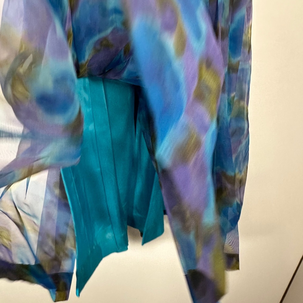 Vintage 50s Watercolor Blue Floral Chiffon Pleated Fit and Flare Belted Dress - Picture 6 of 10